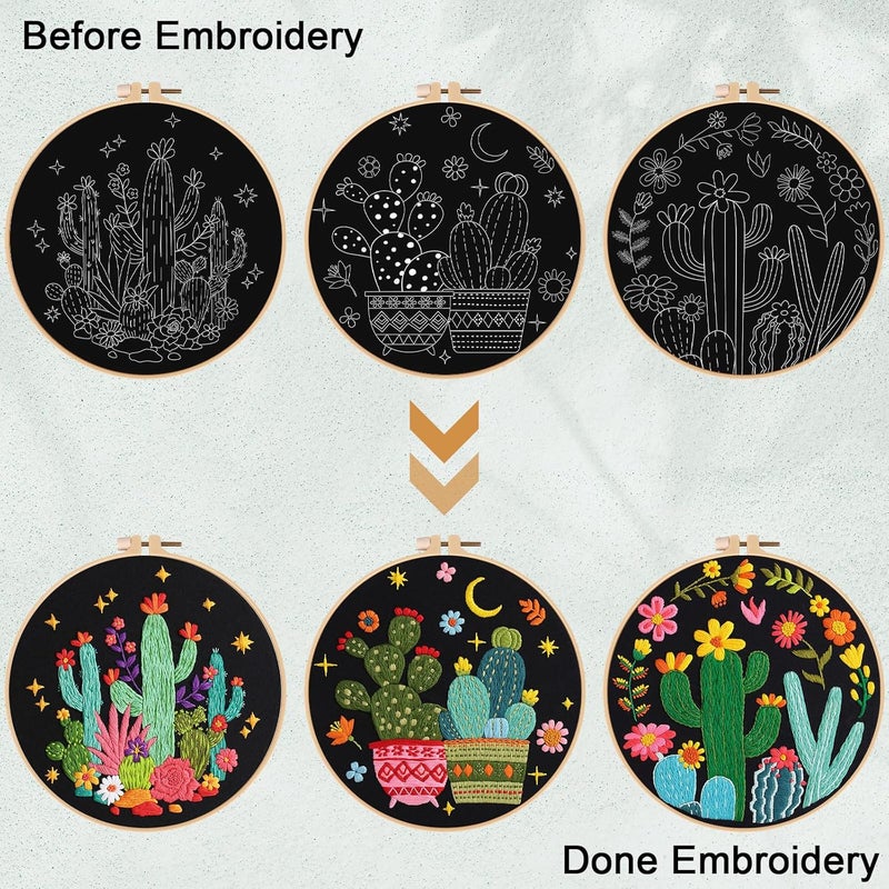 Nuberlic 3 Pack Embroidery Kit for Beginner Adults, Stamped Cross Stitch with Cactus Patterns Include 3 Hoop, Cloth Thread Needles and Instructions - Image 5